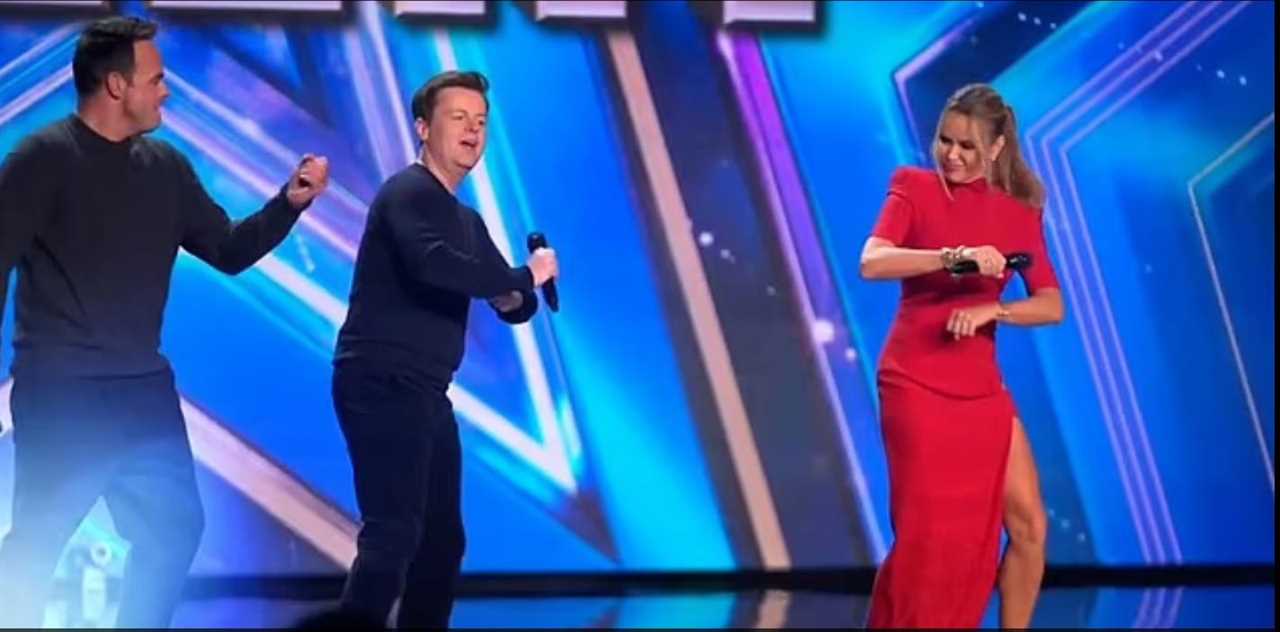 BGT judge Amanda Holden flashes her long legs in daring dress as she dances to Ant and Dec’s Let’s Get Ready To Rhumble