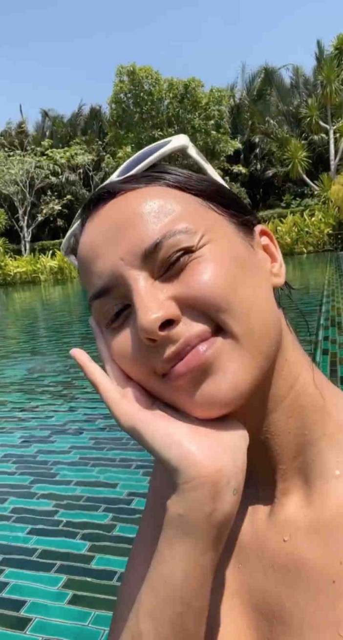 Maya Jama strips off to barely-there bikini for dip in huge pool on Thailand trip