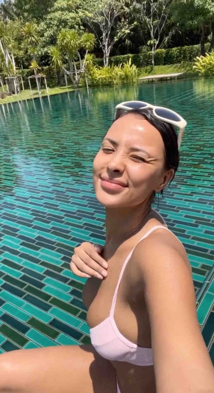 Maya Jama strips off to barely-there bikini for dip in huge pool on Thailand trip