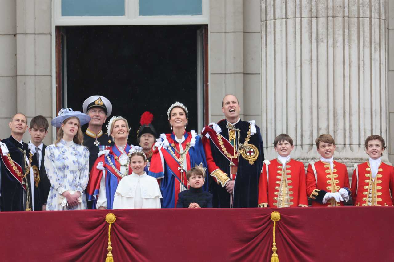 Adorable moment Prince Louis leans over to chat to big brother George as they brave rain on Buckingham Palace balcony