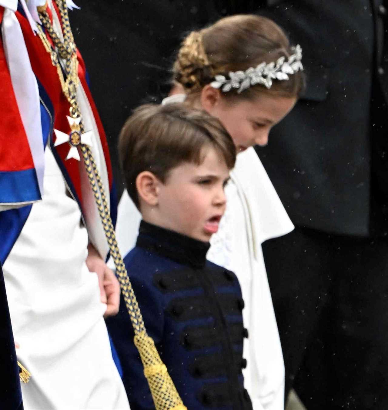 Adorable moment Prince Louis leans over to chat to big brother George as they brave rain on Buckingham Palace balcony