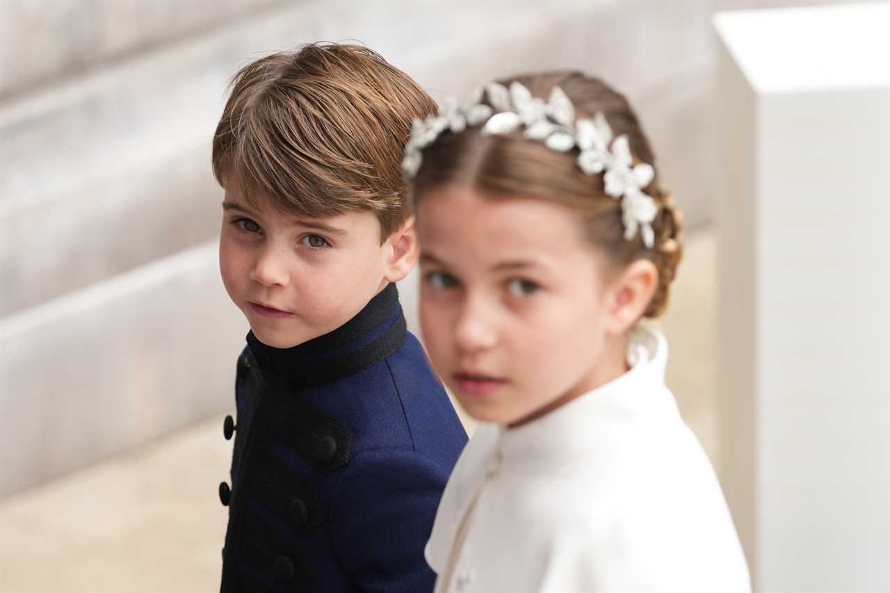 Adorable moment Prince Louis leans over to chat to big brother George as they brave rain on Buckingham Palace balcony