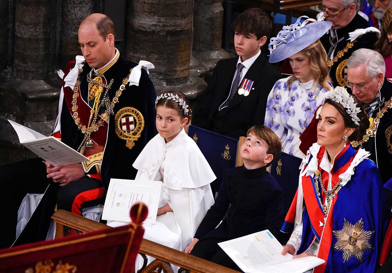 Adorable moment Prince Louis leans over to chat to big brother George as they brave rain on Buckingham Palace balcony