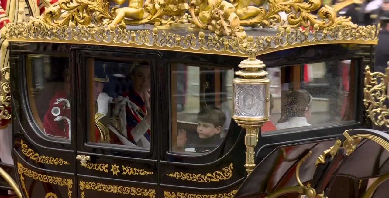 Adorable moment Prince Louis leans over to chat to big brother George as they brave rain on Buckingham Palace balcony