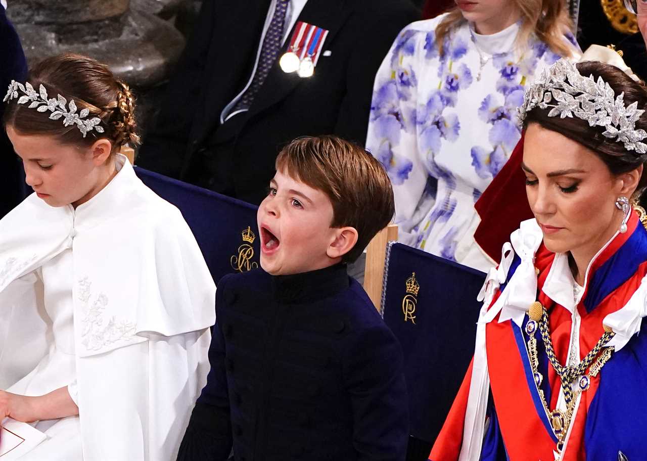 Adorable moment Prince Louis leans over to chat to big brother George as they brave rain on Buckingham Palace balcony