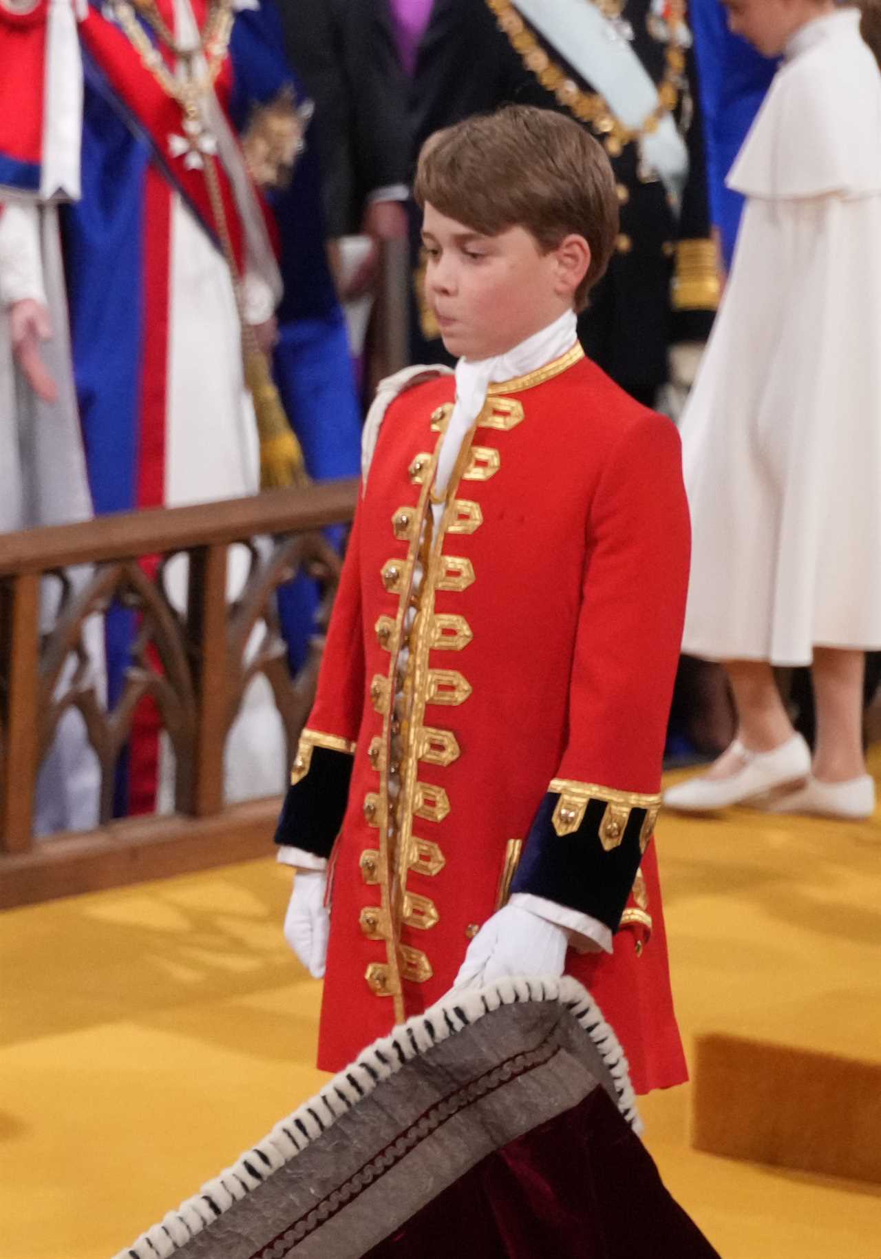 Prince George as Page of Honour at the coronation ceremony of King Charles III and Queen Camilla in Westminster Abbey, London. Picture date: Saturday May 6, 2023. PA Photo. See PA story ROYAL Coronation. Photo credit should read: Victoria Jones/PA Wire