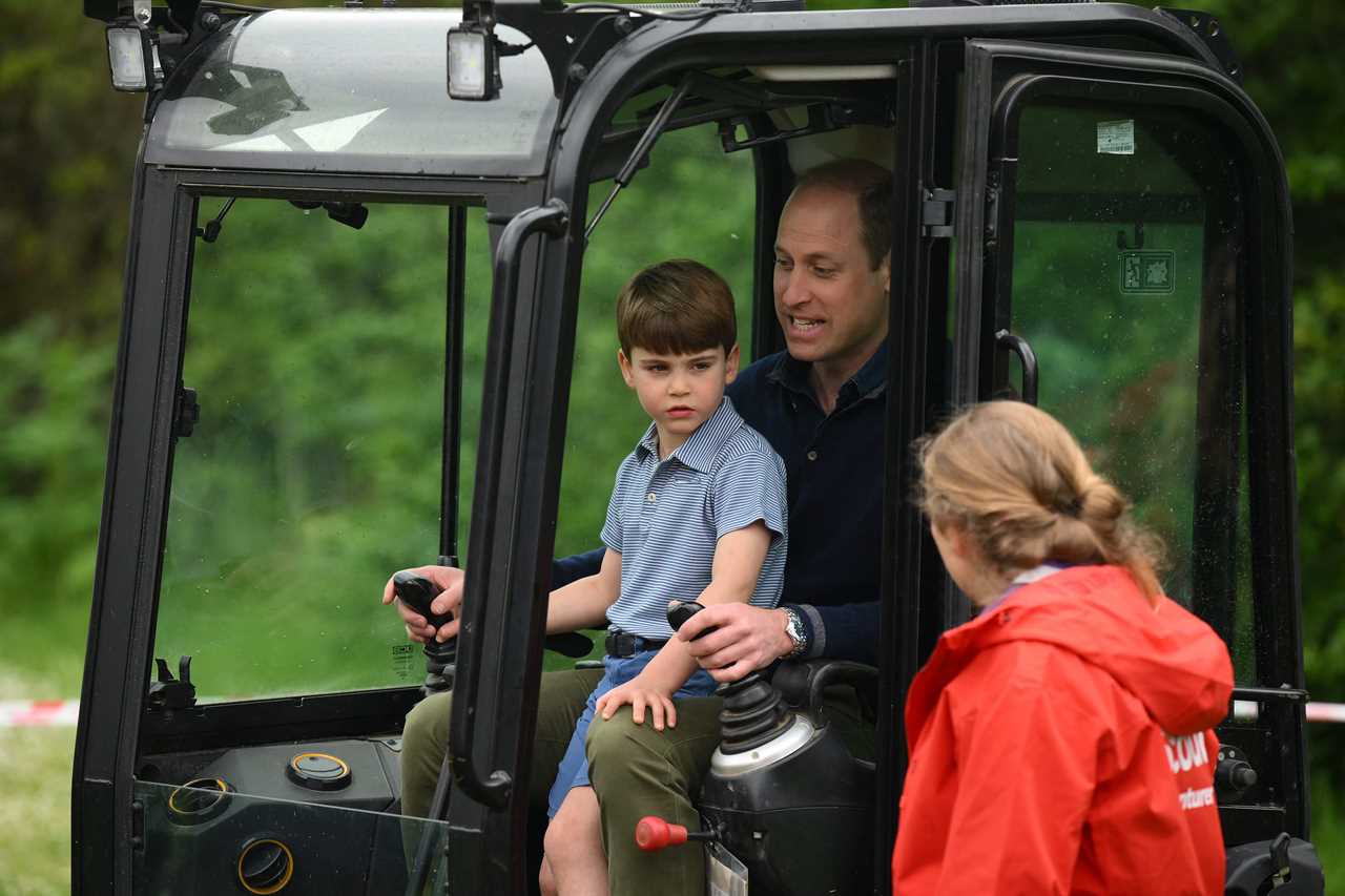 Hardworking Prince Louis rides digger and fills wheelbarrow as Charlotte paints fence on visit with William and Kate