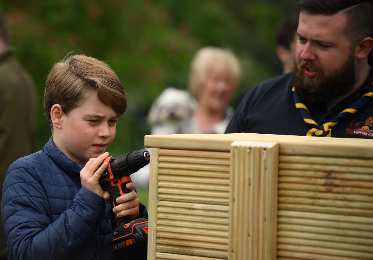 Hardworking Prince Louis rides digger and fills wheelbarrow as Charlotte paints fence on visit with William and Kate