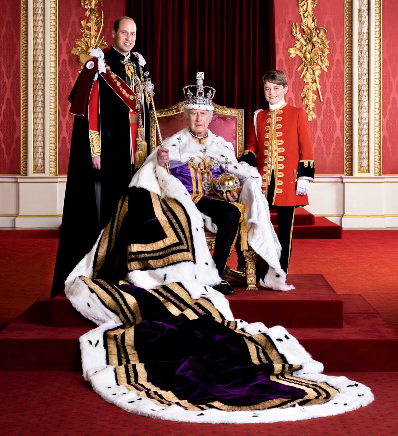 Newly crowned King Charles III proudly sits on throne flanked by two heirs Prince William & Prince George in new photo