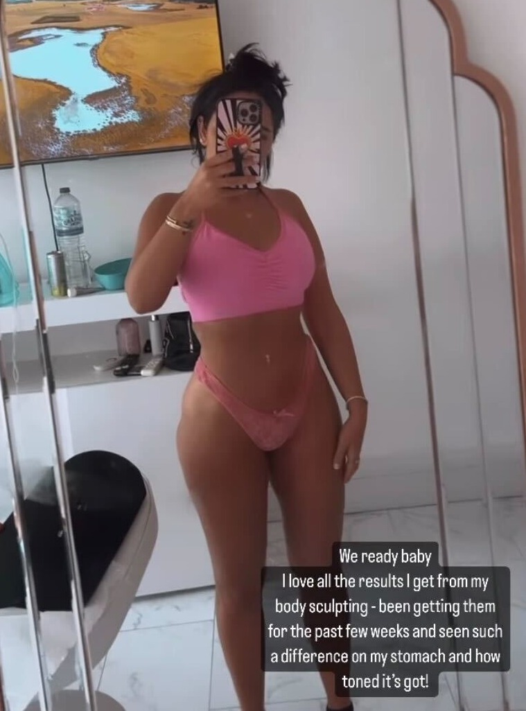 Sophie Kasaei shows off results of ‘body sculpting’ procedure as she strips off to underwear to flash toned tummy