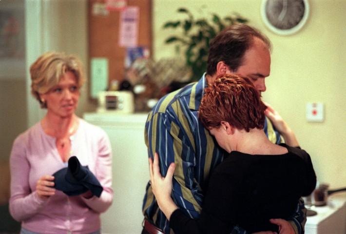 Picture Shows: CINDY O'CALLAGHAN as Andrea, SHAUN WILLIAMSON as Barry and LUCY SPEED as Natalie. TX: BBC ONE Tuesday December 7, 1999PUBLICATION OF THIS IMAGE IS STRICTLY EMBARGOED UNTIL 00.01 HOURS SATURDAY DCEMBER 4, 1999.Natalie (LUCY SPEED) ends up in tears after a family meal to discuss her and Barry's (SHAUN WILLIAMSON) wedding plans ends with Andrea (CINDY O'CALLAGHAN) and Pat (PAM ST CLEMENT) at each others' throats.WARNING: This copyright image may be used only to publicise current BBC programmes or other BBC output. Any other use whatsoever without specific prior approval from the BBC may result in legal action.