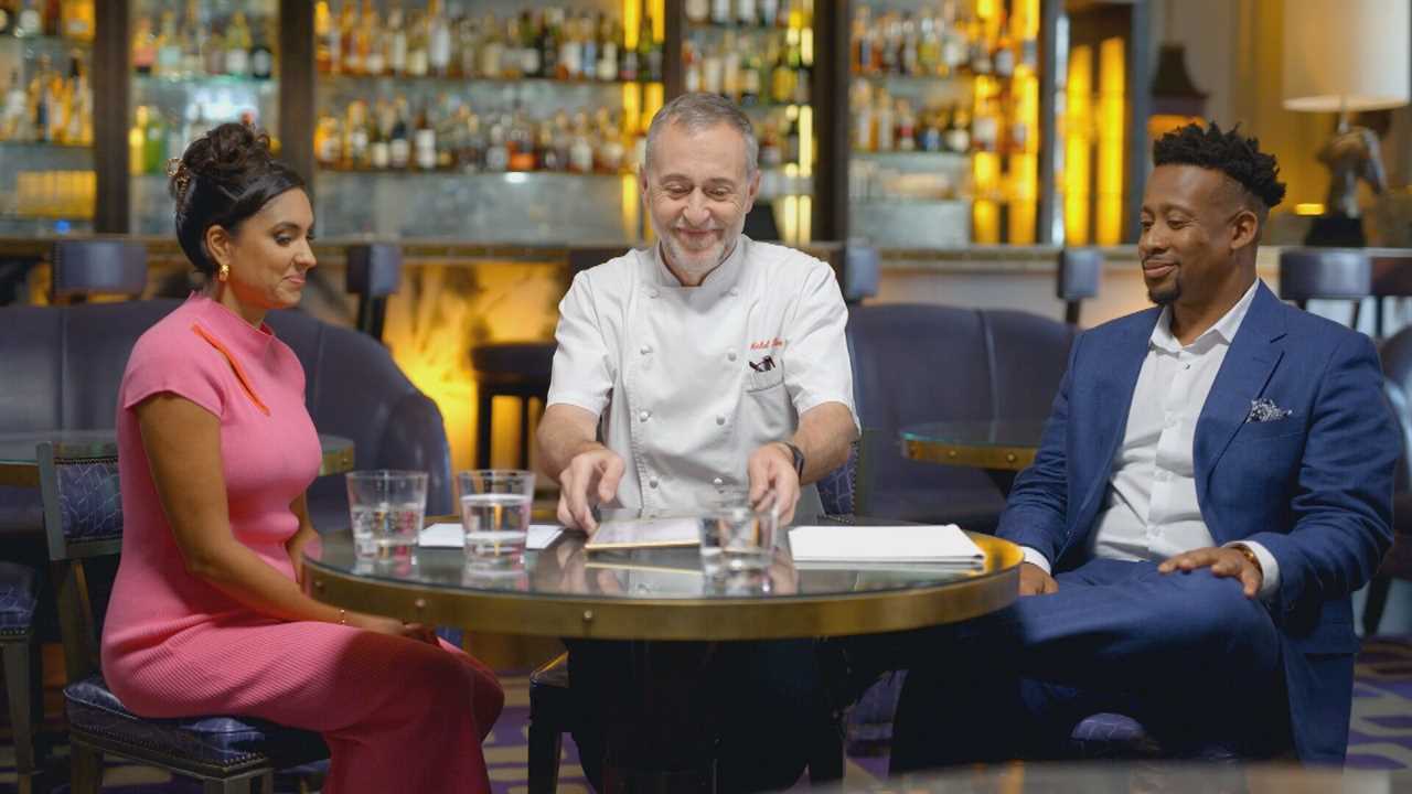 Ravneet Gill  Consultant..Michel Roux Jnr  Head Judge..Mike Reid  Consultant....The judges discuss the chefs menus for the final..