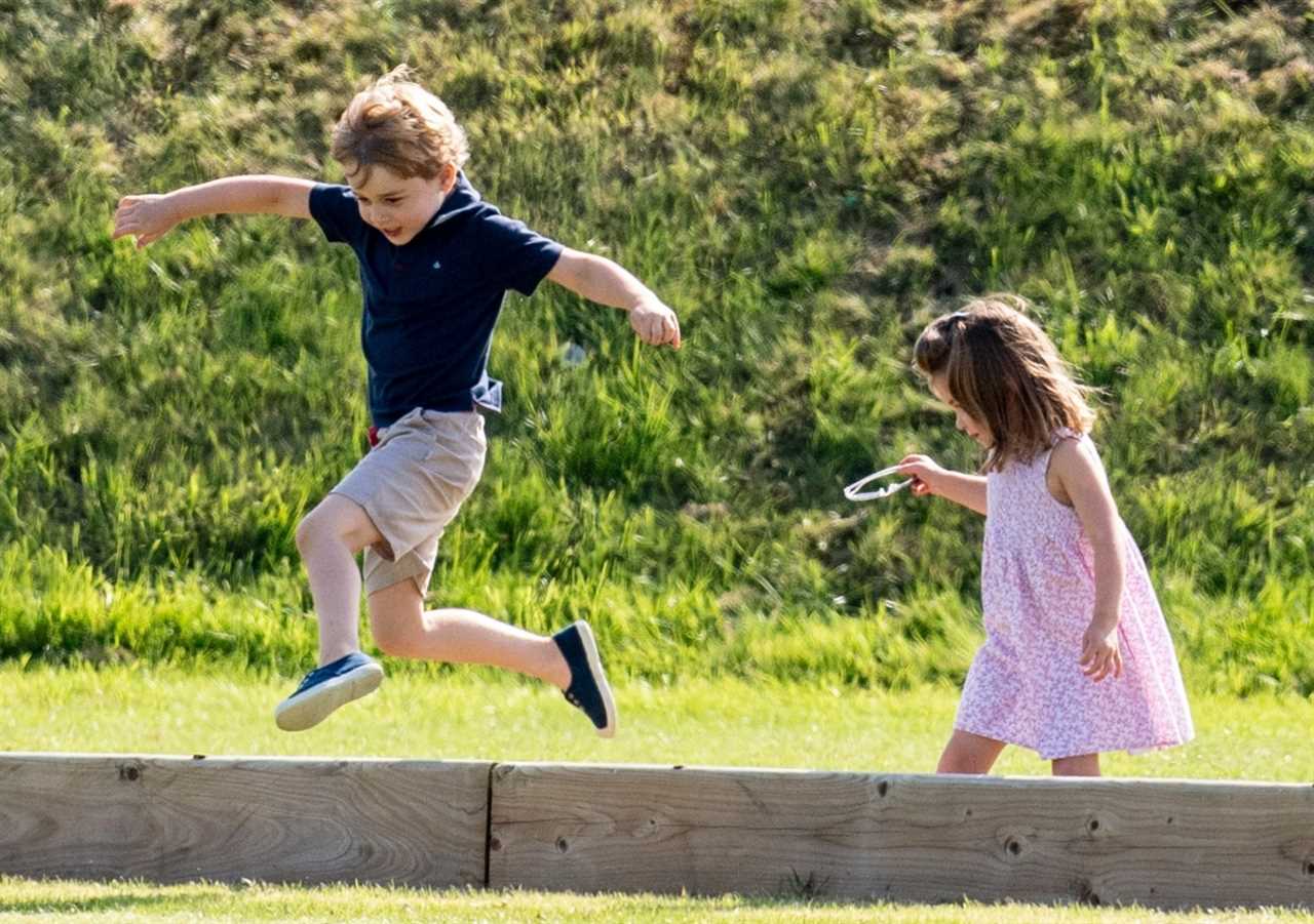 GLOUCESTER, ENGLAND - JUNE 10: Prince George of Cambridge and Princess Charlotte of Cambridge during the Maserati Royal Charity Polo Trophy at Beaufort Park on June 10, 2018 in Gloucester, England. (Photo by Mark Cuthbert/UK Press via Getty Images)