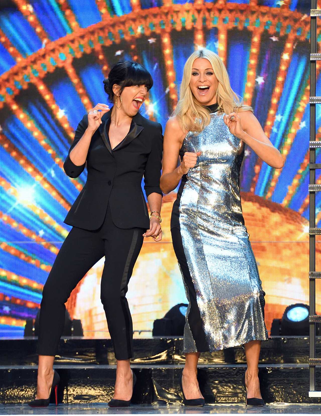 LONDON, ENGLAND - AUGUST 27: Claudia Winkleman and Tess Daly attend the red carpet launch for 'Strictly Come Dancing 2018' at Old Broadcasting House on August 27, 2018 in London, England. (Photo by Karwai Tang/WireImage)