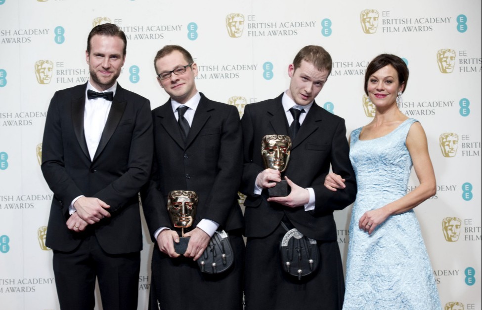 Mandatory Credit: Photo by Joanne Davidson/Shutterstock (7528833ao)..Ee British Academy Film Awards Press Room at the Royal Opera House Winners of Short Animation 'The Making of Longbird' - Ainslie and Will Henderson Presented by Rafe Spall and Helen Mccrory..Bafta Press Room - 10 Feb 2013