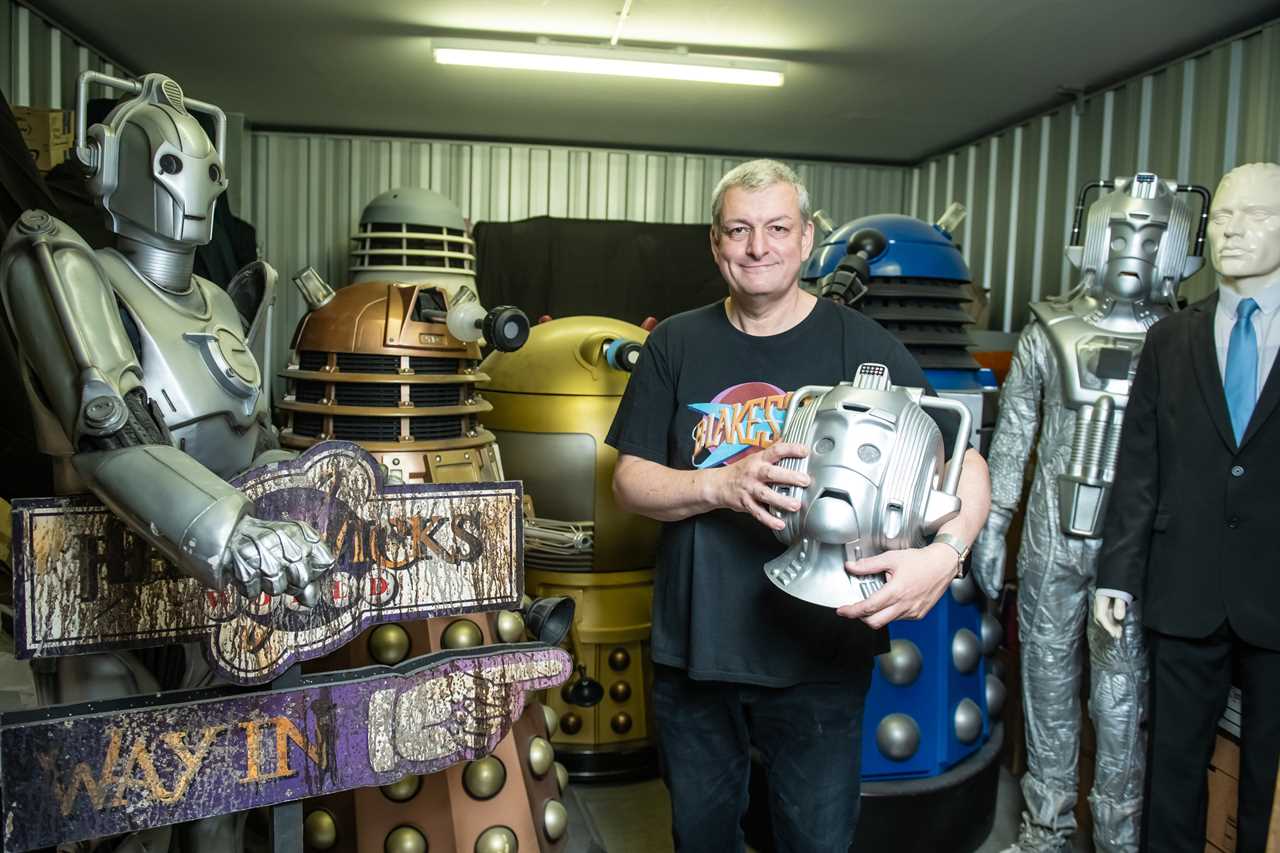 Phil Stevens with his Dr Who prop collection, Swindon. See SWNS story SWLNwho. Phil Stevens has lost count of how many life-sized models he has - and tells his wife he has no idea where they are coming from. The 55-year-old has been building and restoring models since he was a child and now has an army of Daleks, Cybermen and patrol robots living just minutes from his house.