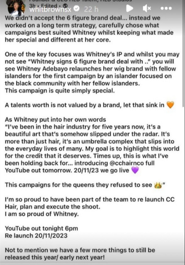 Love Island Star Whitney Adebayo Turns Down Lucrative Deals to Focus on Her Wig Business