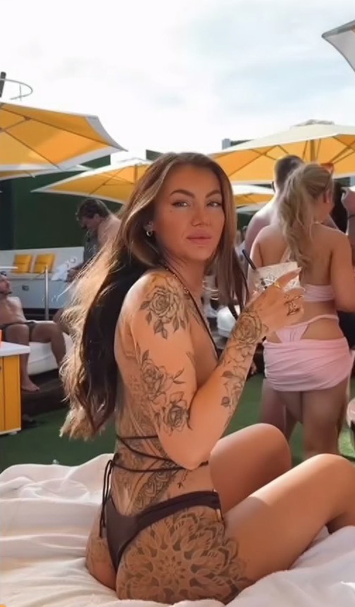 Love Island Star Abi Rawlings Shows Off Back Tattoos in Tiny Thong Bikini